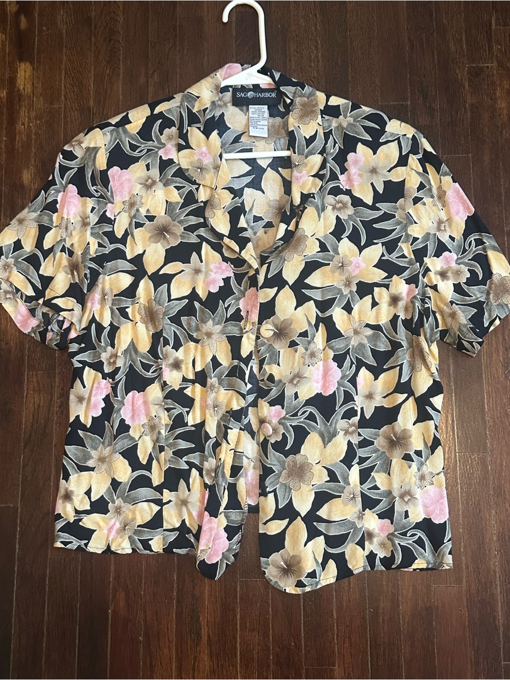 Vintage Sag Harbor Floral Button Down Short Sleeve Rayon Shirt L